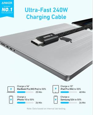 Anker Zolo USB-C to USB-C Braided Cable | 240W | 3.3 ft (1m) | Fast Charging | A8060H11 - Black